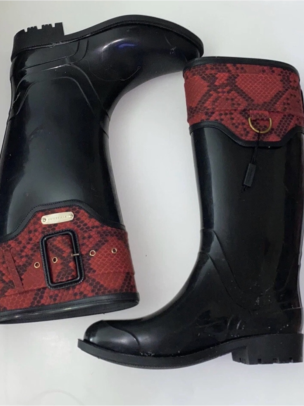 Burberry Black Rain Boots with Red Snake-Print Trim